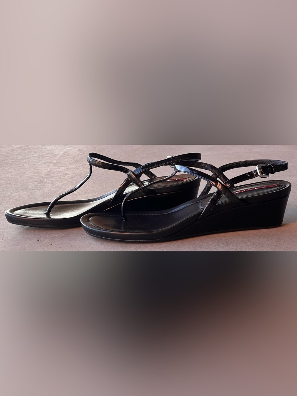 Prada Linea Rossa Black Patent Leather T-Strap Wedge Sandals Size 38.5 Italy - Picture 6 of 11